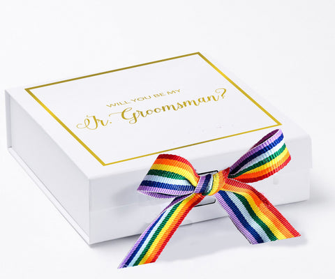 Will You Be My jr groomsman? Proposal Box White -  Border - Rainbow Ribbon