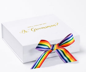 Will You Be My jr groomsman? Proposal Box White - No Border - Rainbow Ribbon