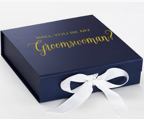 Will You Be My groomswoman? Proposal Box Navy w/ White Bow - No Border