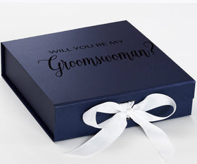 Will You Be My groomswoman? Proposal Box Navy w/ White Bow - No Border