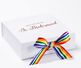 Will You Be My jr bridesmaid? Proposal Box White - No Border - Rainbow Ribbon