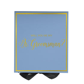 Will You Be My jr groomsman? Proposal Box Light Blue w/ Black Bow-  Border