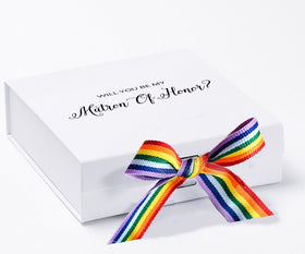 Will You Be My Matron of Honor? Proposal Box White - No Border - Rainbow Ribbon