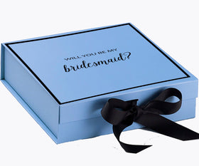 Will You Be My bridesmaid? Proposal Box Light Blue w/ Black Bow-  Border