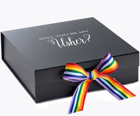 Will You Be My Usher? Proposal Box black - No Border - Rainbow Ribbon