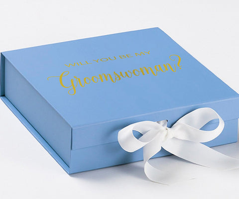 Will You Be My groomswoman? Proposal Box Light Blue w/ white Bow- No Border