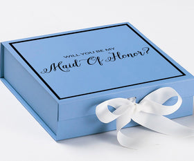 Will You Be My maid of honor? Proposal Box Light Blue w/ white Bow-  Border