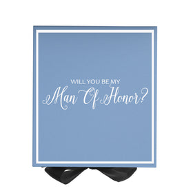 Will You Be My Man of Honor? Proposal Box Light Blue w/ Black Bow-  Border