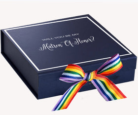 Will You Be My Matron of Honor? Proposal Box Navy -  Border - Rainbow Ribbon