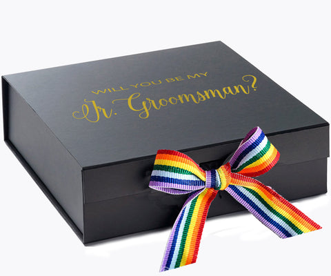 Will You Be My jr groomsman? Proposal Box black - No Border - Rainbow Ribbon