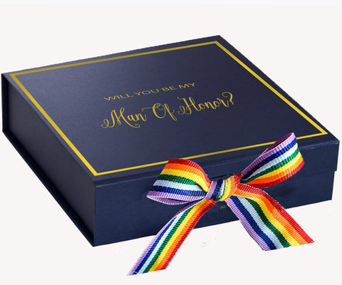 Will You Be My Man of Honor? Proposal Box Navy -  Border - Rainbow Ribbon