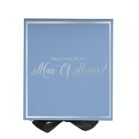 Will You Be My Man of Honor? Proposal Box Light Blue w/ Black Bow-  Border