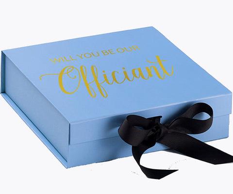 Will You Be our Officiant? Proposal Box Light Blue w/ Black Bow- No Border