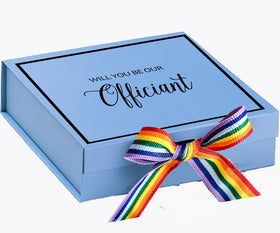 Will You Be our Officiant? Proposal Box light blue -  Border - Rainbow Ribbon