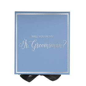 Will You Be My jr groomsman? Proposal Box Light Blue w/ Black Bow-  Border