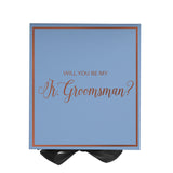 Will You Be My jr groomsman? Proposal Box Light Blue w/ Black Bow-  Border