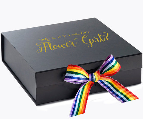 Will You Be My Flower Girl? Proposal Box black - No Border - Rainbow Ribbon