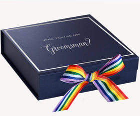 Will You Be My groomsman? Proposal Box Navy -  Border - Rainbow Ribbon