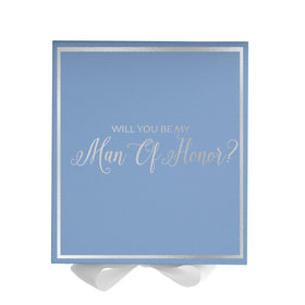 Will You Be My Man of Honor? Proposal Box Light Blue w/ white Bow-  Border