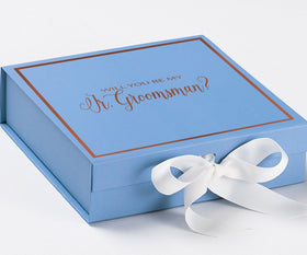 Will You Be My jr groomsman? Proposal Box Light Blue w/ white Bow-  Border