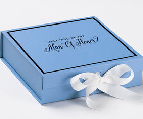 Will You Be My Man of Honor? Proposal Box Light Blue w/ white Bow-  Border