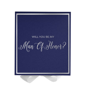 Will You Be My Man of Honor? Proposal Box Navy w/ White Bow -  Border