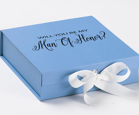 Will You Be My Man of Honor? Proposal Box Light Blue w/ white Bow- No Border