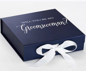 Will You Be My groomswoman? Proposal Box Navy w/ White Bow - No Border