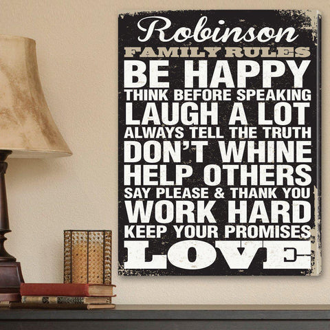 Personalized Signs Family Rules Canvas Print - Black