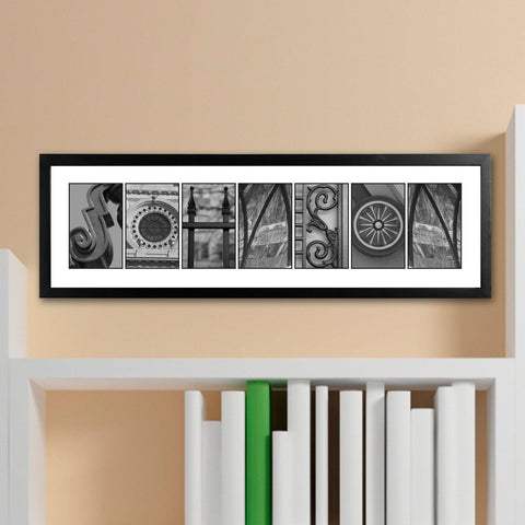 Personalized Family Name Sings - Architectural Elements Alphabet - Black and White