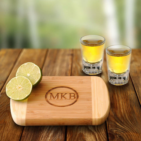 Personalized Bamboo Bar Board w/2 Shot Glasses