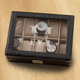 Monogrammed Watch Box - Black Leather - Holds 10 Watches