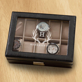 Monogrammed Watch Box - Black Leather - Holds 10 Watches