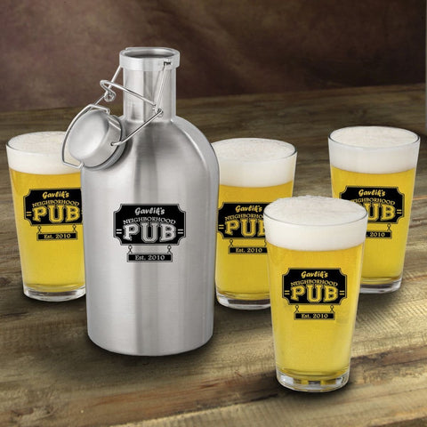 Stainless Steel Beer Growler with Pint Glass Set