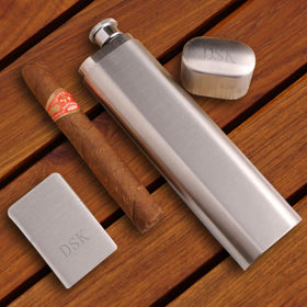 Personalized Flask and Cigar Case - Lighter - Brushed Silver - Gift Set