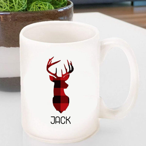 Personalized Coffee Mug - Red and Black Plaid Deer