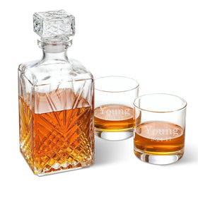 Personalized Square Whiskey Decanter Set with Stopper and 2 Low Ball Glass Set
