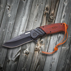 Saw Mountain Personalized Wood Handle Spring Assisted Pocket Knife With Leather Wrist Lanyard