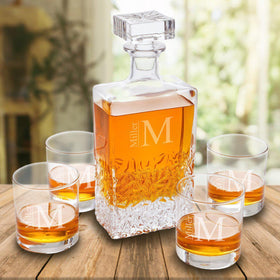Personalized Kinsale Rectangular 24 oz. Whiskey Decanter - Set of 4 Lowball Glasses
