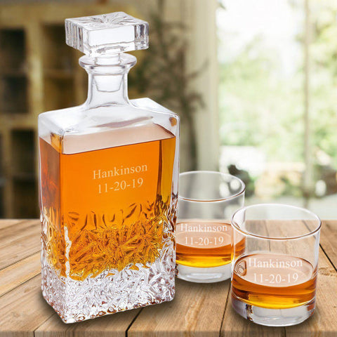 Personalized Kinsale Rectangular 24 oz. Whiskey Decanter - Set of 2 Lowball Glasses