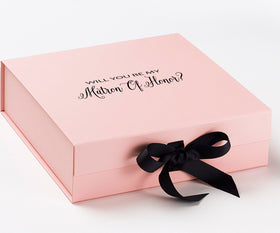 Will You Be My Matron of Honor? Proposal Box Pink w/ Black Bow - No Border