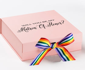 Will You Be My Matron of Honor? Proposal Box pink - No Border - Rainbow Ribbon