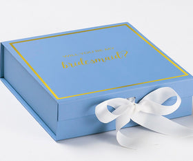 Will You Be My bridesmaid? Proposal Box Light Blue w/ white Bow-  Border