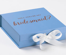 Will You Be My bridesmaid? Proposal Box Light Blue w/ white Bow- No Border