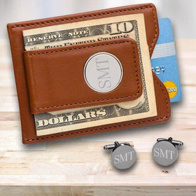 Personalized Brown Leather Wallet/Money Clip & Gunmetal Cufflinks Gift Set