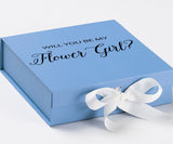 Will You Be My Flower Girl? Proposal Box Light Blue w/ white Bow- No Border