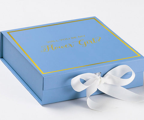 Will You Be My Flower Girl? Proposal Box Light Blue w/ white Bow-  Border