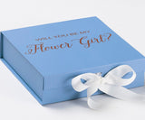 Will You Be My Flower Girl? Proposal Box Light Blue w/ white Bow- No Border