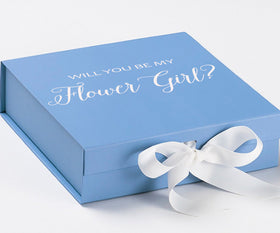 Will You Be My Flower Girl? Proposal Box Light Blue w/ white Bow- No Border