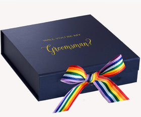 Will You Be My groomsman? Proposal Box Navy - No Border - Rainbow Ribbon